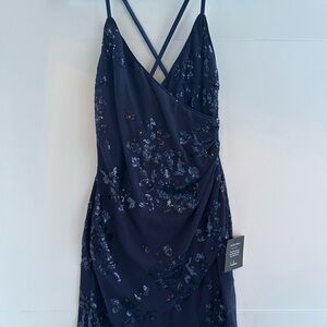 Lulu's Blue Mini Slip Dress with Plunge Neckline and Sequin Embellishments